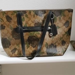 Tan with black roses coach tote